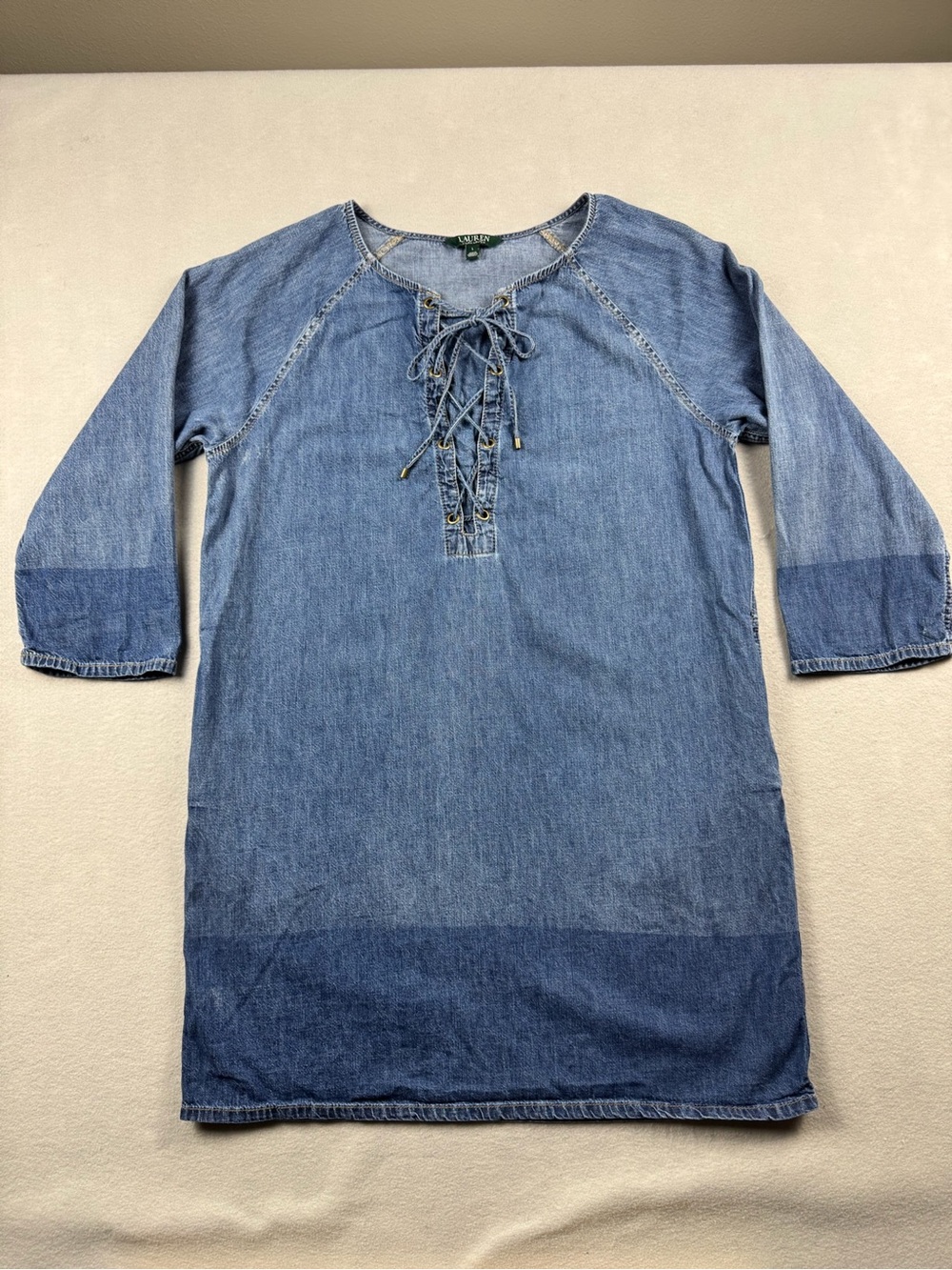 Lauren Ralph Lauren Blue Denim Shift Dress Large Lace Up Boho Coastal Cowgirl